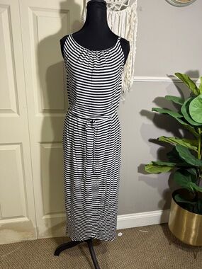 Cabi Casual Black & White Striped Maxi Dress with Waist Tie
